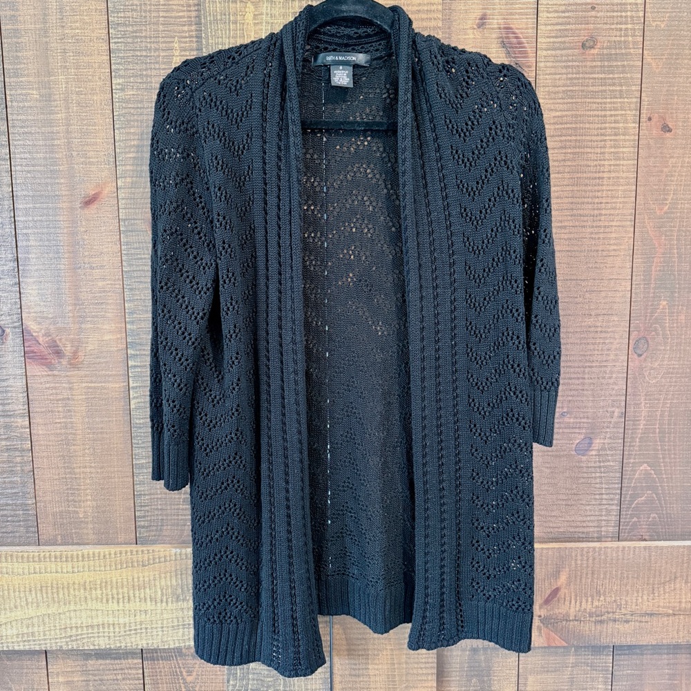 89th & Madison Black Open-Front Pointelle Knit Cardigan